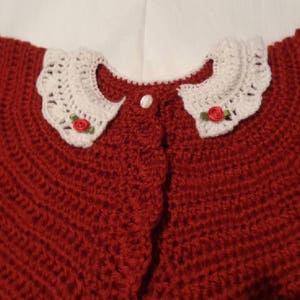 Crocheted Infant Bolero Sweater w Lace Collar Cuffs Autumn Red 12 18 mo image 1