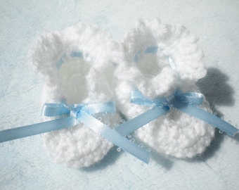 Crocheted Baby Booties Newborn Boy Blue Ribbon