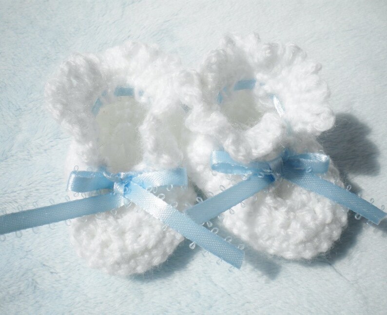 Crocheted Baby Booties Newborn Boy Blue Ribbon image 1