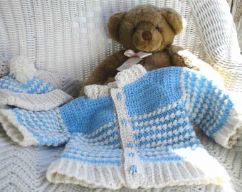 Crochet Infant Boy Blue & White Sweater w Matching Hat 3 - 6 mo