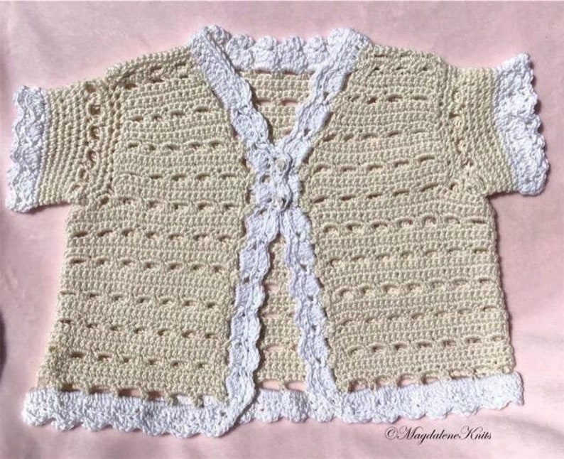 Crocheted Infant Sweater Ecru White Trim 6 12 mo image 1