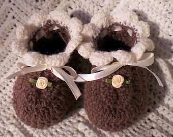 Crocheted Baby Booties Infant Girl in Coffee&Ivory 3 - 9 mo
