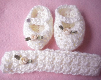 Crochet Maryjanes Headband Newborn Girl 0 3 mo Silk Rose accent