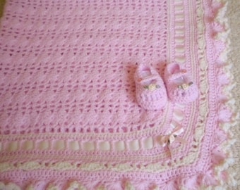 Crocheted Baby Afghan Pink w Ruffled Edges & Maryjanes  FREE SHIPPING