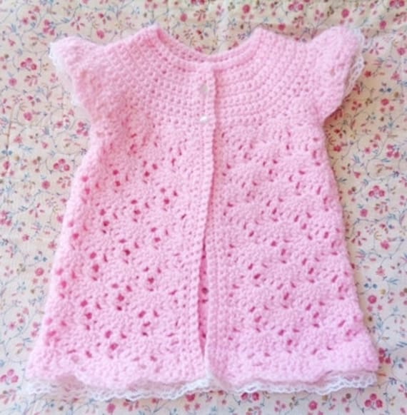 Crocheted Infant Girl Sweater Light Pink w Lace Trim 6-12 mo