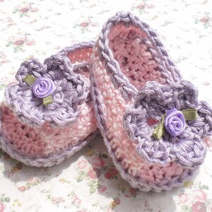 Crochet Infant Sandals Pink w Lilac Trim Cotton Yarn 3 6 mo image 4