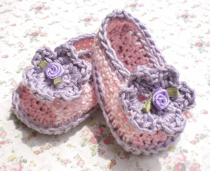 Crochet Infant Sandals Pink w Lilac Trim Cotton Yarn 3 6 mo image 4