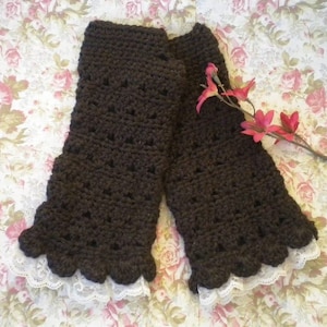 Crocheted Victorian Alpaca Fingerless Gloves Tea Length Dark Brown w Lace Victorian image 1