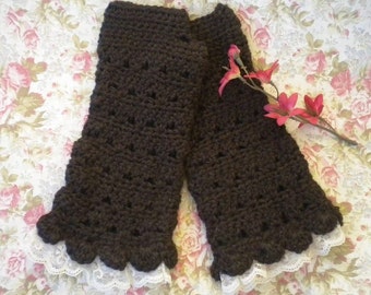 Crocheted Victorian Alpaca Fingerless Gloves "Tea Length" Dark Brown w Lace Victorian