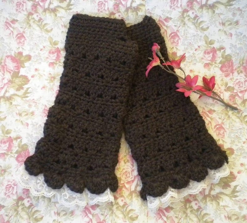 Crocheted Victorian Alpaca Fingerless Gloves Tea Length Dark Brown w Lace Victorian image 1