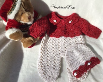 Crocheted Newborn Jumpsuit Red Jacket Hat 0 - 3 mo