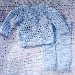 Crocheted Newborn Top Pants Set Baby Boy Sirdar Snuggly Blue Yarn image 1