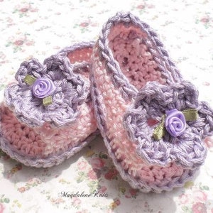 Crochet Infant Sandals Pink w Lilac Trim Cotton Yarn 3 6 mo image 1