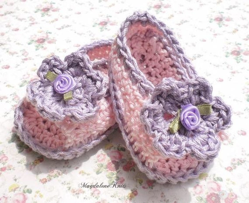 Crochet Infant Sandals Pink w Lilac Trim Cotton Yarn 3 6 mo image 1