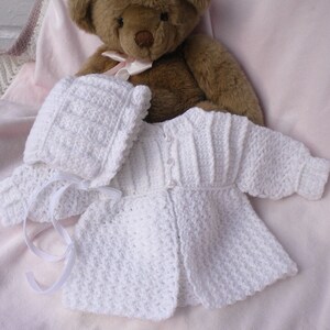 Crocheted Newborn Sweater Bonnet Baby Girl White 0 3mo image 1