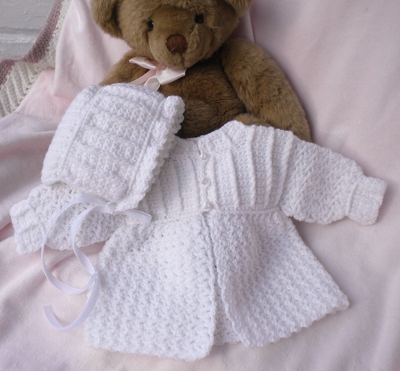 Crocheted Newborn Sweater Bonnet Baby Girl White 0 3mo image 1