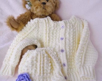 Crocheted Sweater Hat Irish Knit Baby Girl Purple Flower Newborn Infant Sizes Custom Order Only