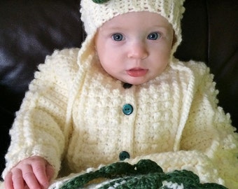 Crocheted Baby Irish Knit Sweater w Matching Hat w Sage Green Flower Girls Newborn & Infant Sizes Custom Order