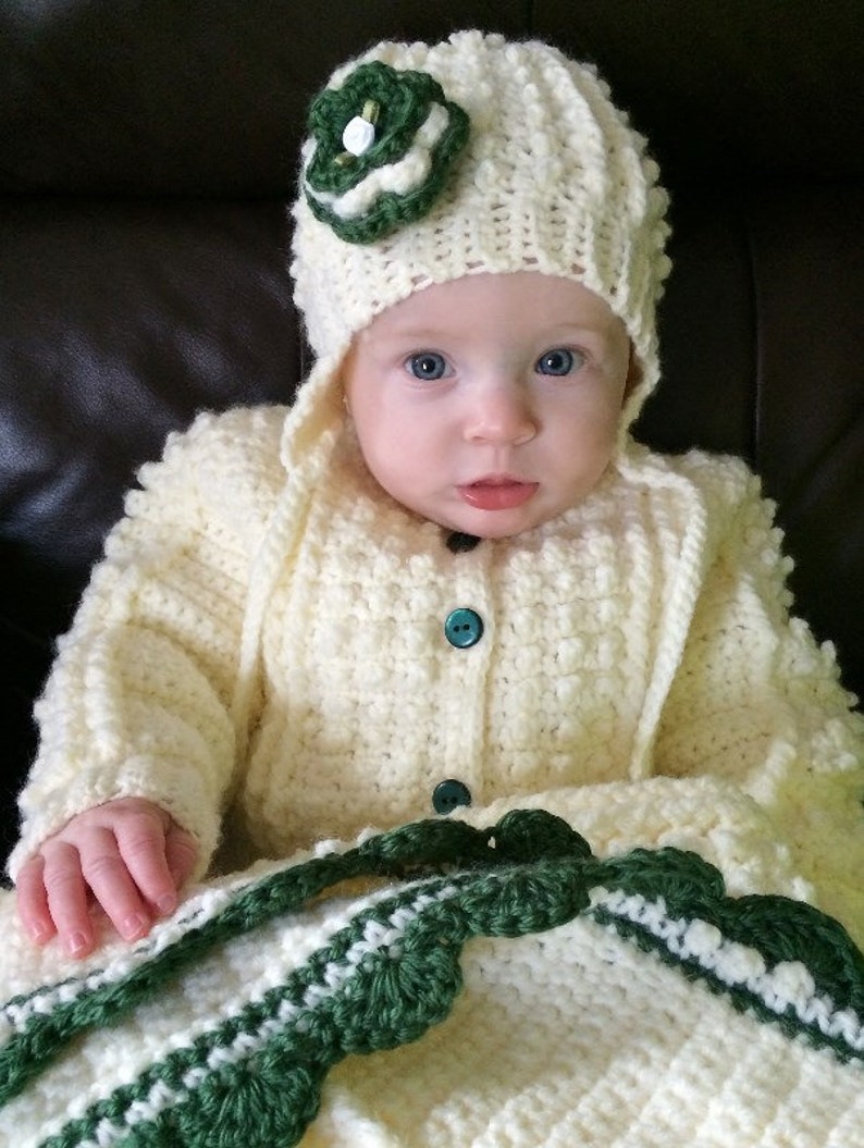 Crocheted Baby Irish Knit Sweater W Matching Hat W Sage Green Flower
