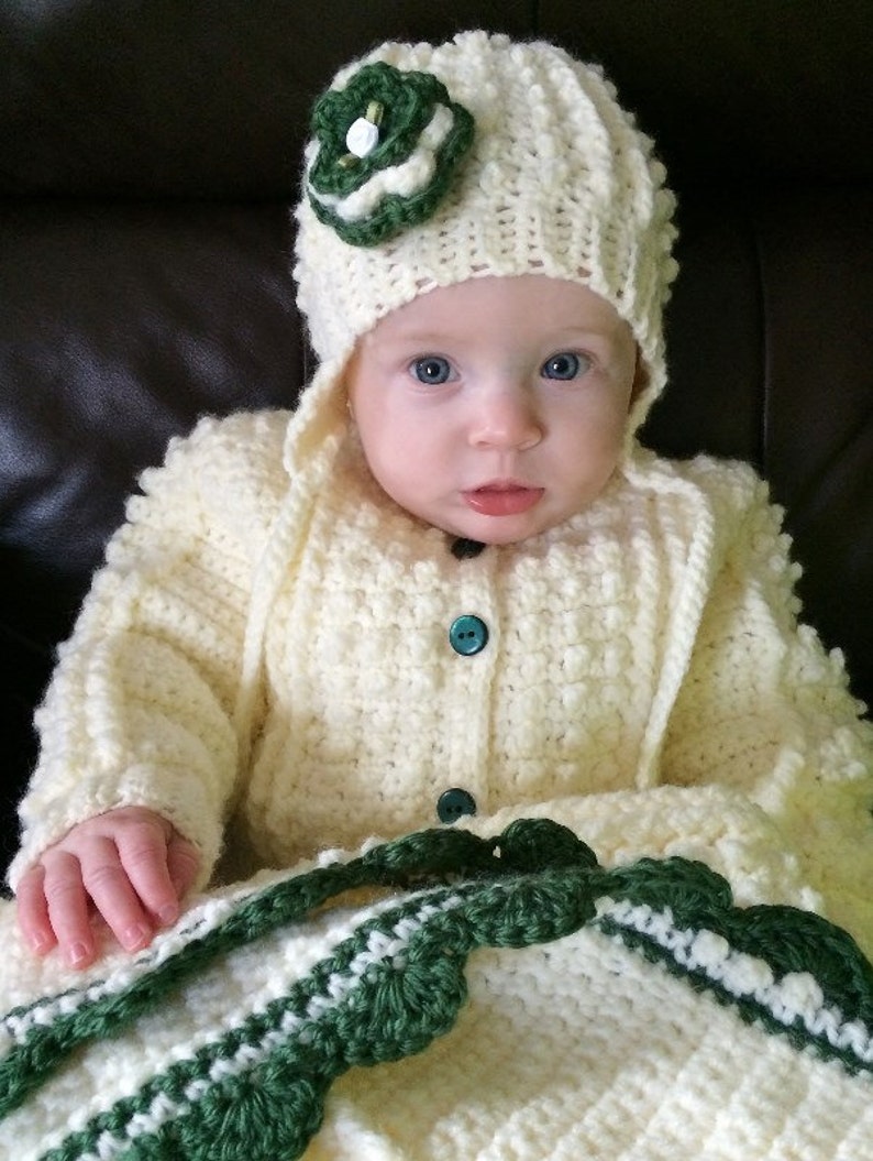 Crocheted Baby Irish Knit Sweater w Matching Hat w Sage Green Flower Girls Newborn & Infant Sizes Custom Order image 1