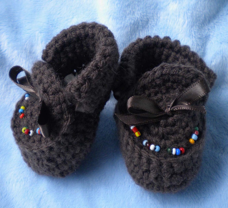 Crocheted Moccasins Newborn 0 3 mo Brown w Hand Beaded Native American Beads image 2