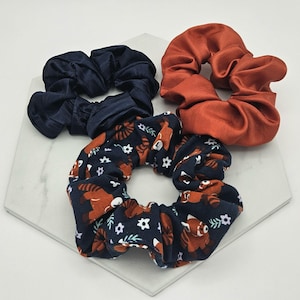 Red Panda scrunchie 3 pack, handmade, gifts, satin, jersey knit, whimsical, cute, earth tones, pretty, medium sized