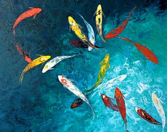 Pode incluir: Uma pintura a óleo retratando um cardume de peixes koi nadando em água azul-profundo e turquesa. Os peixes são representados em tons vibrantes de laranja, amarelo, branco e preto, com pinceladas texturizadas criando uma sensação de movimento.