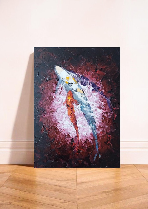 Koi Fish Oil on Canvas, Original, Koi Collection, Textured Maroon Wall Art, Symbolic Gift