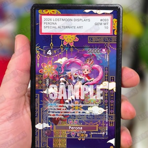 May include: A trading card featuring Perona from the Thriller Bark Pirates. The card has a purple and gold background with floral accents. The character Perona is depicted with pink hair and a crown. The card text includes "2026 LOSTMOON DISPLAYS" and "SPECIAL ALTERNATE ART".