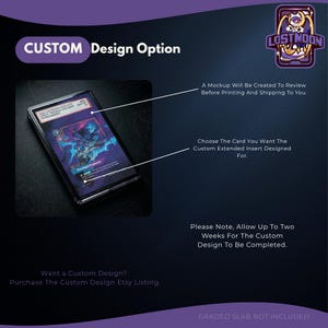 a custom design option for a product, such as a card or a phone case. It includes a mockup of the product, along with instructions for creating a custom design before printing and shipping. The design option allows the user to choose the card they want the custom extended insert designed for. The image also includes a note about the completion of the custom design, and a prompt to purchase the custom design from the Etsy listing.