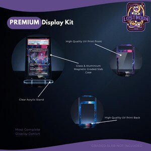 The image is a promotional display kit for a premium display case, featuring a glass and aluminum magnetic case, a clear acrylic stand, and a high-quality UV print back. The kit is designed to be most complete and complete in display option. The display case is made of glass and aluminum, and it has a high-quality UV print back. The kit is described as having a high-quality UV print back, which means it is designed to provide a clear and high-quality image on the display case.
