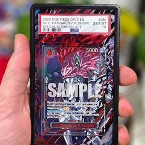 May include: A collectible trading card featuring the character St. Ethanbaron V. Nusjuro from the One Piece OP13 EN series. The card has a special alternate art design and is graded GEM MT 10. The card includes the text "SAMPLE" and "CARD NOT INCLUDED".