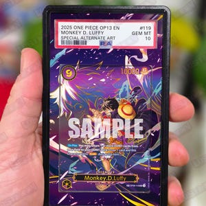 May include: A collectible trading card featuring Monkey D. Luffy from One Piece. The card has a vibrant illustration with purple, yellow, and blue hues. Text includes "2025 ONE PIECE OP13 EN MONKEY D. LUFFY SPECIAL ALTERNATE ART" and "SAMPLE".