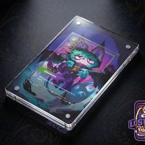 May include: A clear acrylic display case holding a rectangular trading card featuring a teal-haired character named Gloomist. The card displays game text, icons, and a dark purple background. The case is secured with four silver metal corner screws.