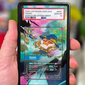 May include: A graded trading card featuring Teemo from 2026 Lostmoon Displays. The card has a colorful illustration of Teemo, a character with a blue and yellow hat. The card is graded GEM MT 10 and includes the text "CARD NOT INCLUDED".