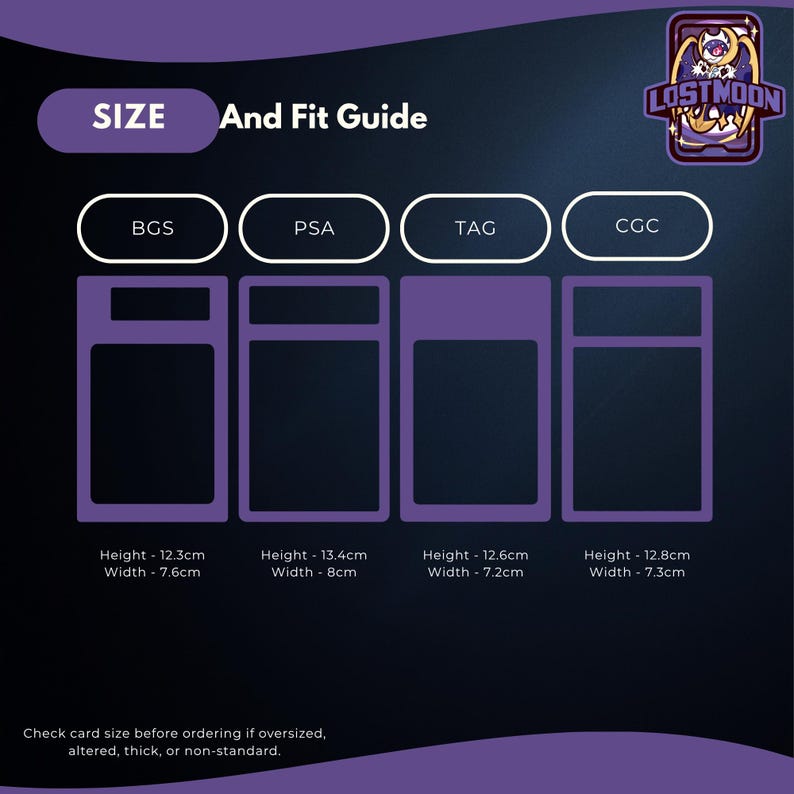 The image is a guide for ordering a size of a card, with four different card sizes and corresponding dimensions.