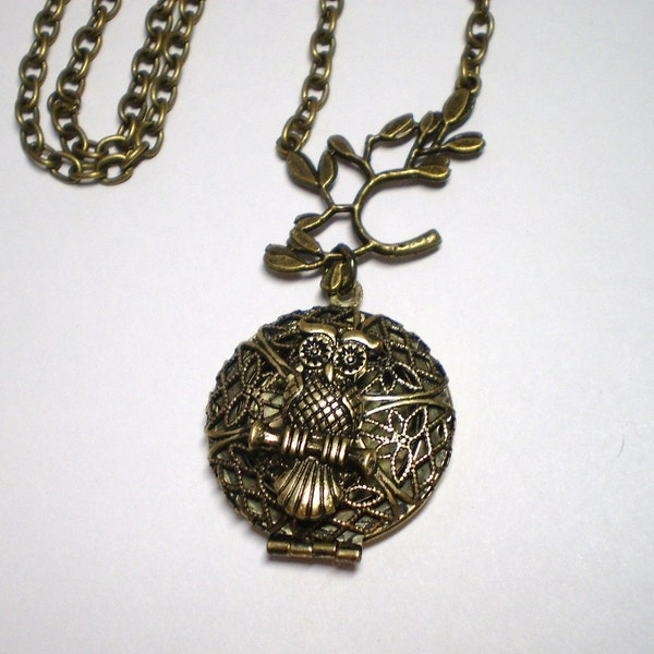 Essential Oil Diffuser Necklace, Owl hanging from Tree Branch
