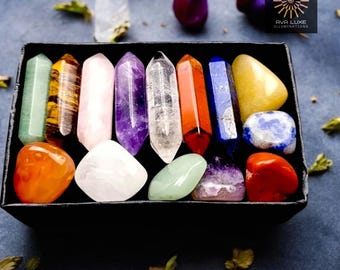 Mini Chakra Crystal Set Hexagon for Beginners with 14 Pointed Stones Rose Quartz Gems For Meditation Bedroom Decor Stone Collection Energy