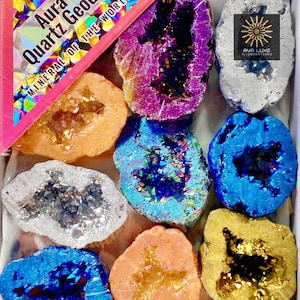 Unique 1 Set Aura Quartz Geode Raw Stone Healing Stones Collection Home Decor Teaching Mineral Specimen Mystery Gift Box Positivity crystal