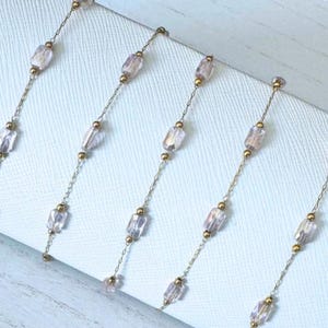 Gold Stainless Steel Satellite Chain with Iridescent Pink Glass Gems - Ion Plated - Sold by the foot -VERY DAINTY CHAIN