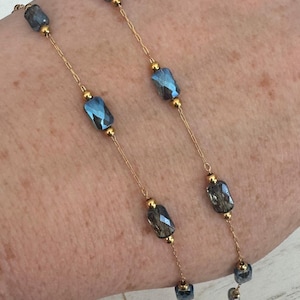 Gold Stainless Steel Satellite Chain with Blue Glass Gems - Ion Plated - Sold by the foot- Perfect for Permanent Jewelry -VERY DAINTY CHAIN