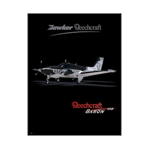 May include: A Beechcraft Baron G58 airplane against a black background. The plane is white and black with a checkered pattern on the nose. The Hawker Beechcraft logo is at the top.