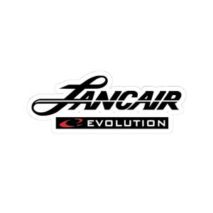 May include: A white sticker with the word "Lancair" in black, stylized script. Below, the word "EVOLUTION" is in a black rectangle with a red and white graphic. The sticker has a white border.