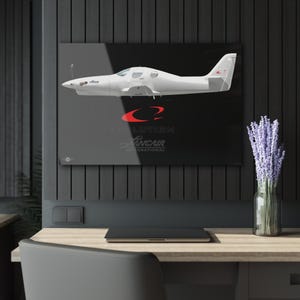 May include: A white Lancair Evolution airplane graphic on a black background. The graphic includes the text "Evolution" and "Lancair International" in white and red. The image is mounted on a wall above a desk.