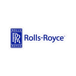 Puede incluir: Una pegatina con el logotipo de Rolls-Royce. El logotipo incluye un rectángulo azul con las palabras "ROLLS" y "ROYCE" y la letra "R" en el centro. Las palabras "Rolls-Royce" están escritas en azul.