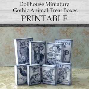 May include: Printable miniature boxes with gothic animal designs. The boxes feature images of an owl, bat, snake, toad, moth, and rat, with the text "Bat Treats", "Snake Treats", "Toad Treats", "Moth Treats", and "Rat Treats".