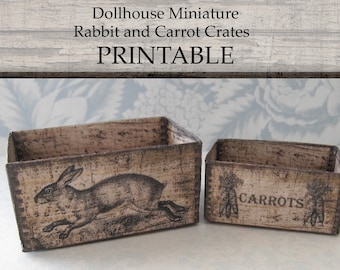 Dollhouse Miniature PRINTABLE Crates Rabbit Carrot Design Farmhouse Rustic Home Decor 1:12 scale digital download DIY Craft