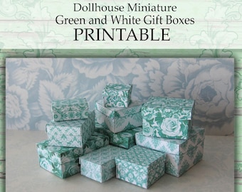 Dollhouse Miniature Gift Boxes PRINTABLE Green White 1:12 digital download DIY craft holiday birthday St. Patricks Day mini present