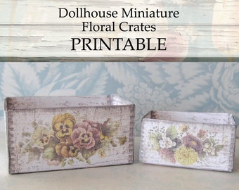 Dollhouse Miniature PRINTABLE White Crates Floral Flowers Design Cottage Farmhouse Home Decor 1:12 scale digital download Spring DIY Craft