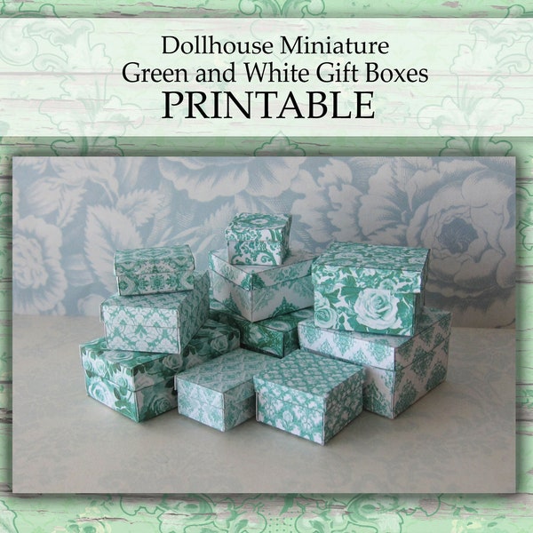 Dollhouse Miniature Gift Boxes PRINTABLE Green White 1:12 digital download DIY craft holiday birthday St. Patricks Day mini present